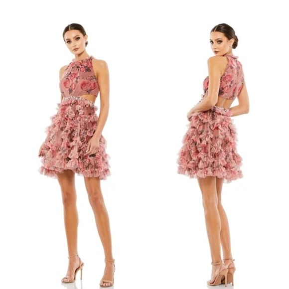Mac Duggal Dresses & Skirts - Mac Duggal Floral Ruffle Cutout Halter Neck Cocktail Dress Size 4